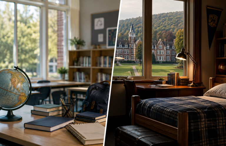 Split scene showing a bright classroom on one side and a cozy boarding dorm room on the other, highlighting day school vs. boarding school environments.
