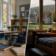 Split scene showing a bright classroom on one side and a cozy boarding dorm room on the other, highlighting day school vs. boarding school environments.