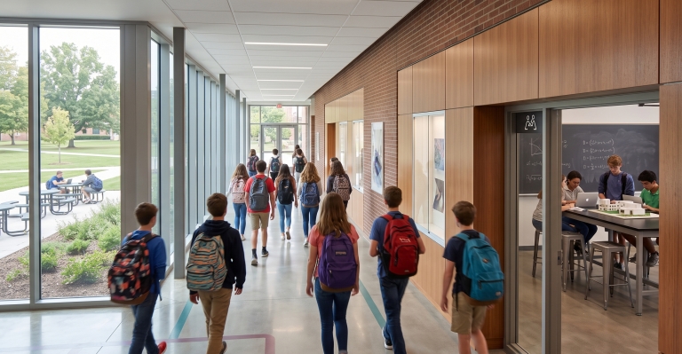 High school students with backpacks walk down a modern hallway with large windows and a classroom view.