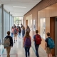 High school students with backpacks walk down a modern hallway with large windows and a classroom view.