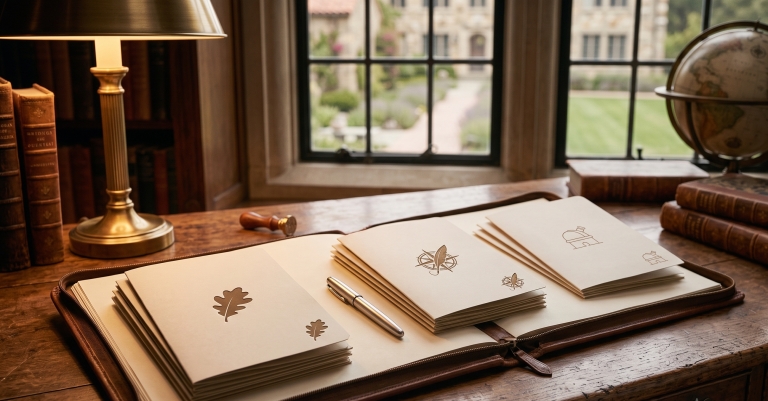 An open leather folio on a wooden desk containing three organized stacks of documents, with a traditional lamp, globe, and large window overlooking a campus in the background.