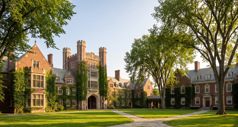 An elegant, ivy-covered brick campus quad with manicured green lawns and stone pathways under a clear sky.