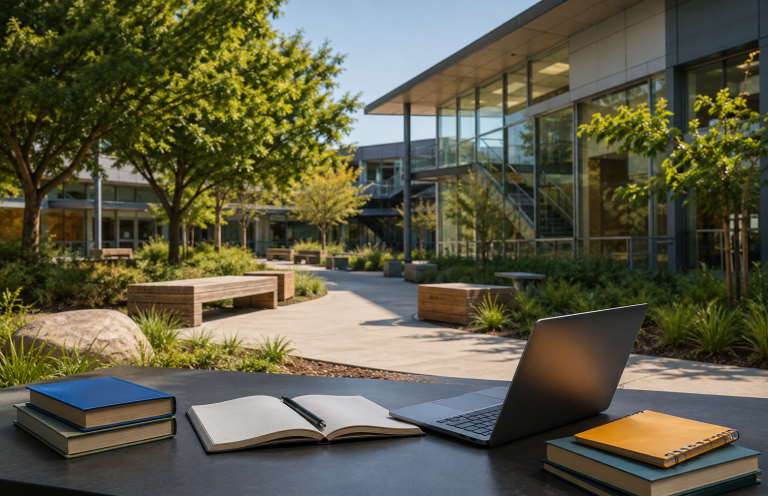 Modern school courtyard with outdoor study setup, featuring books and a laptop on a desk in a bright, landscaped campus setting.