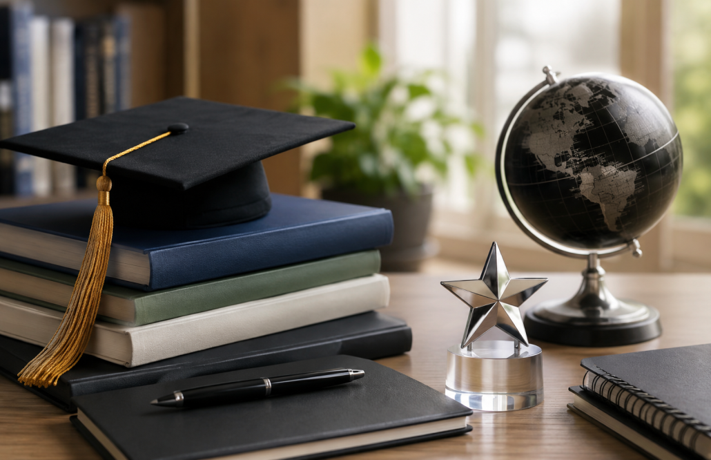 Graduation cap on stacked books with a globe and trophy on a desk, symbolizing academic success and future achievements.