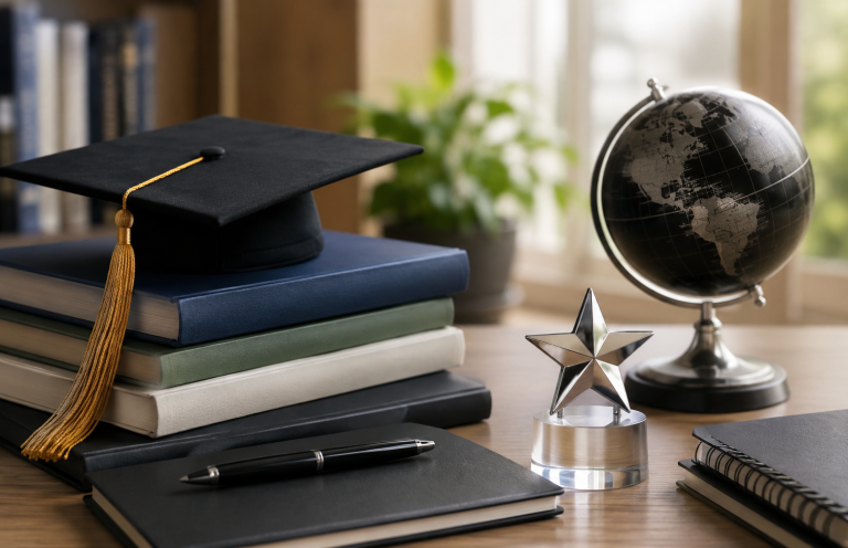 Graduation cap on stacked books with a globe and trophy on a desk, symbolizing academic success and future achievements.