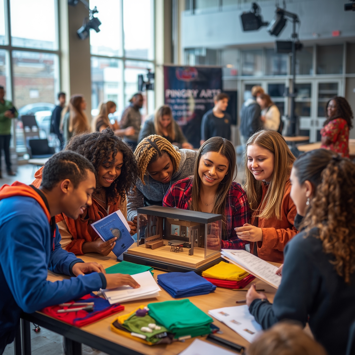 A group of Pingry students work on a scale model for their Arts Program while gathered around a table