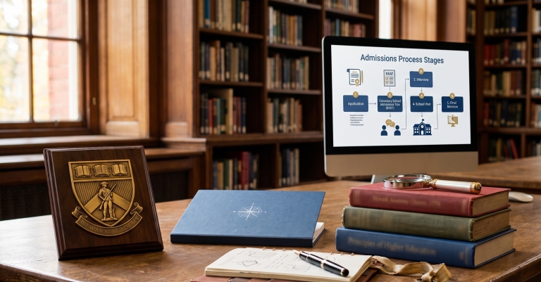 An academic desk featuring books, a notebook, and a computer screen showing an admissions flow chart in a library setting.