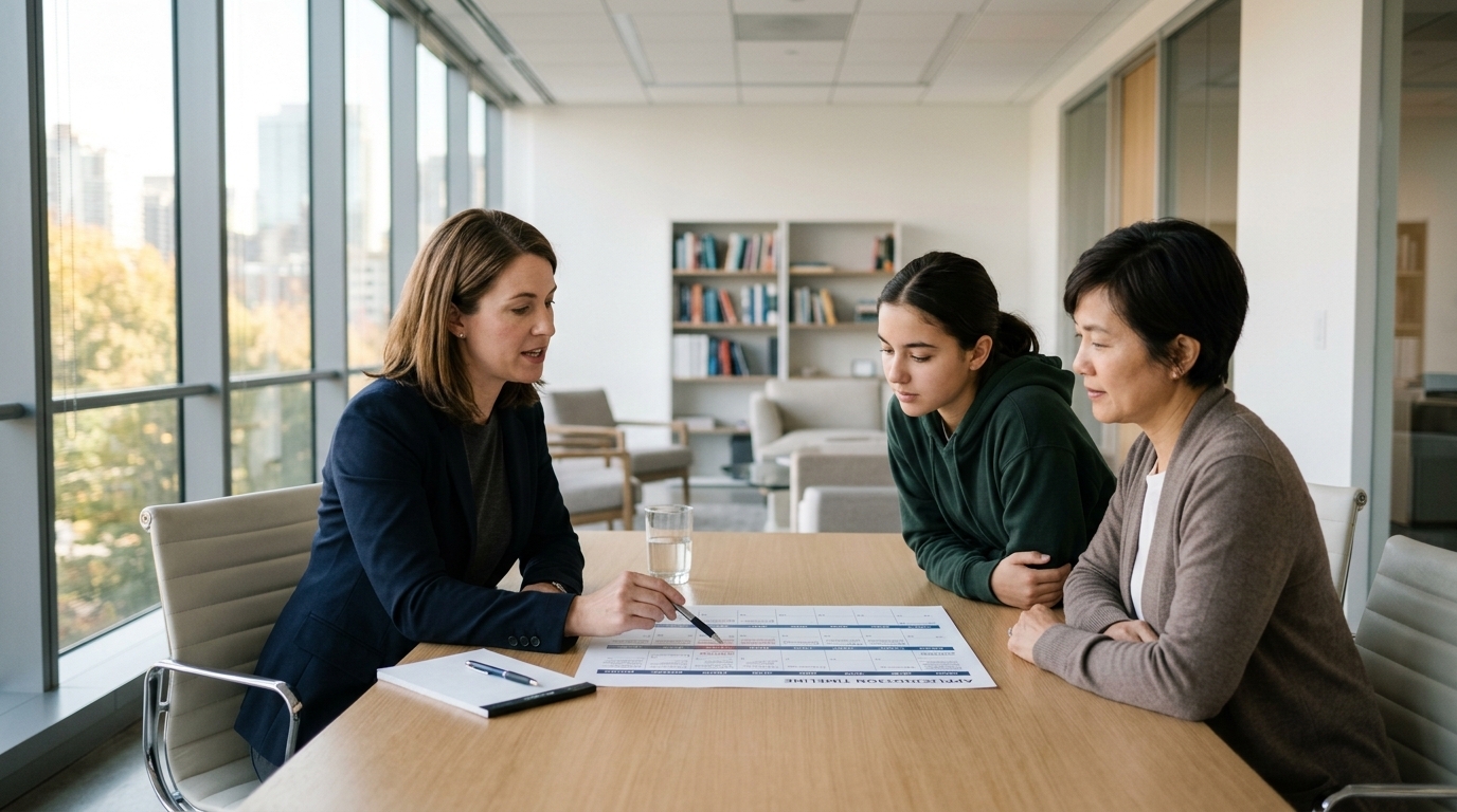 Admissions consultant reviewing an application plan with a family