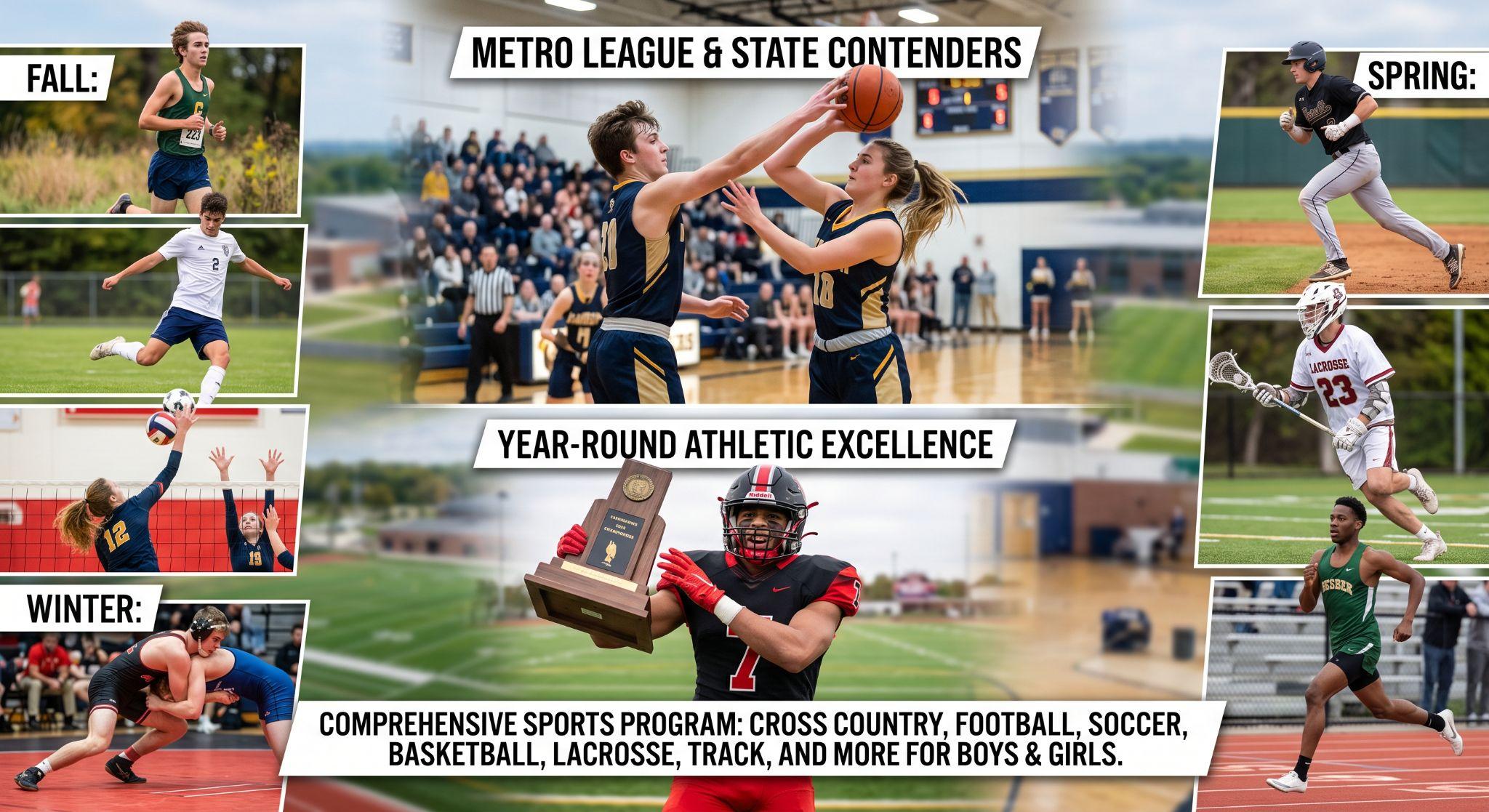 A multi-panel sports collage. Center panels show a championship football player and basketball, with banners reading METRO LEAGUE & STATE CONTENDERS and YEAR-ROUND ATHLETIC EXCELLENCE. Surrounding photos show other sports like cross-country, volleyball, baseball, lacrosse.