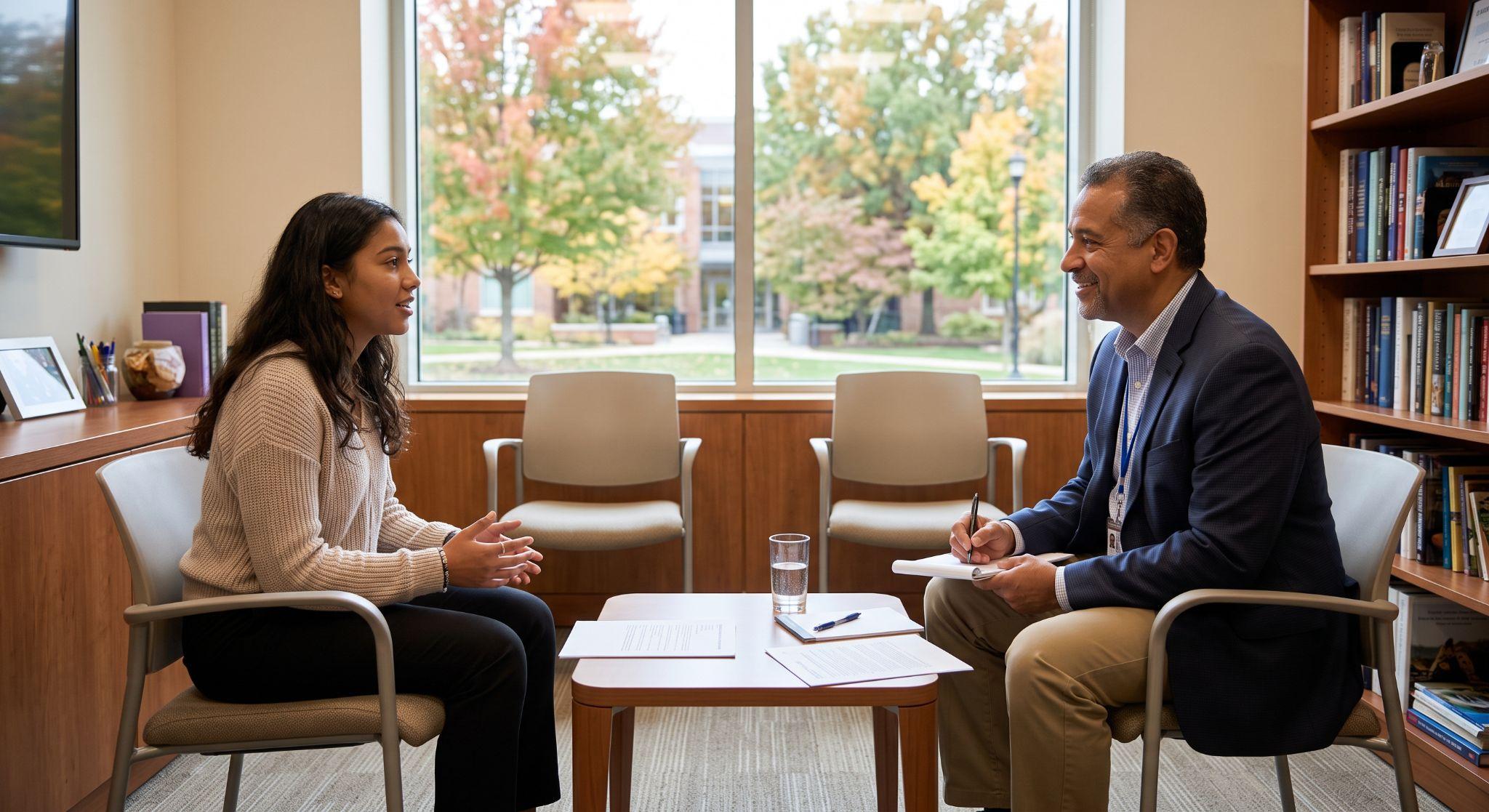A student sits across from an interviewer in a professional office setting, both engaged in conversation.