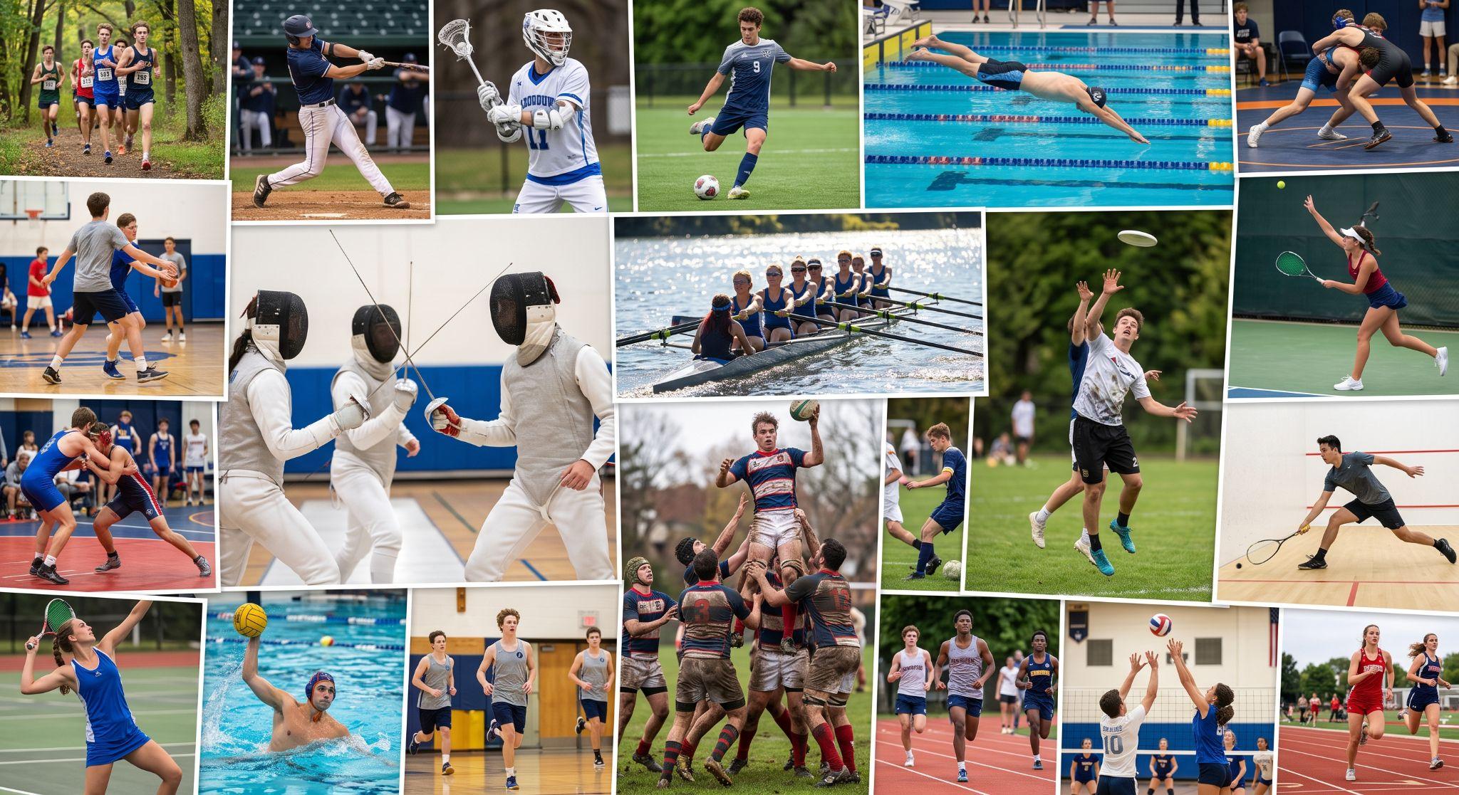 A collage featuring Horace Mann School student athletes participating in a wide range of sports, including cross country, baseball, lacrosse, soccer, swimming, wrestling, fencing, crew, ultimate frisbee, tennis, squash, water polo, and track.