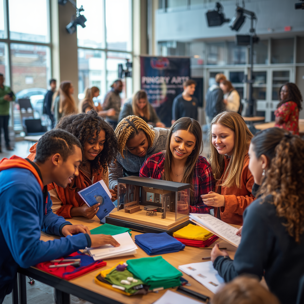 A group of Pingry students work on a scale model for their Arts Program while gathered around a table