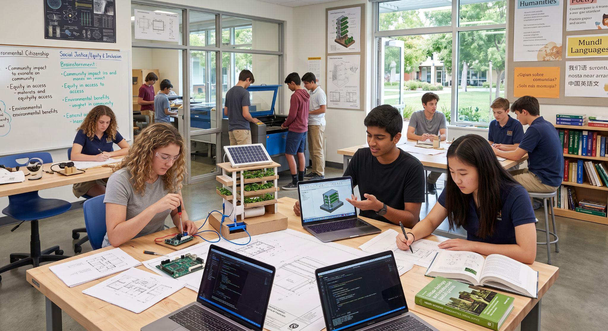 Students in a collaborative classroom setting engaging with project-based work, using laptops, sketching, and building models.