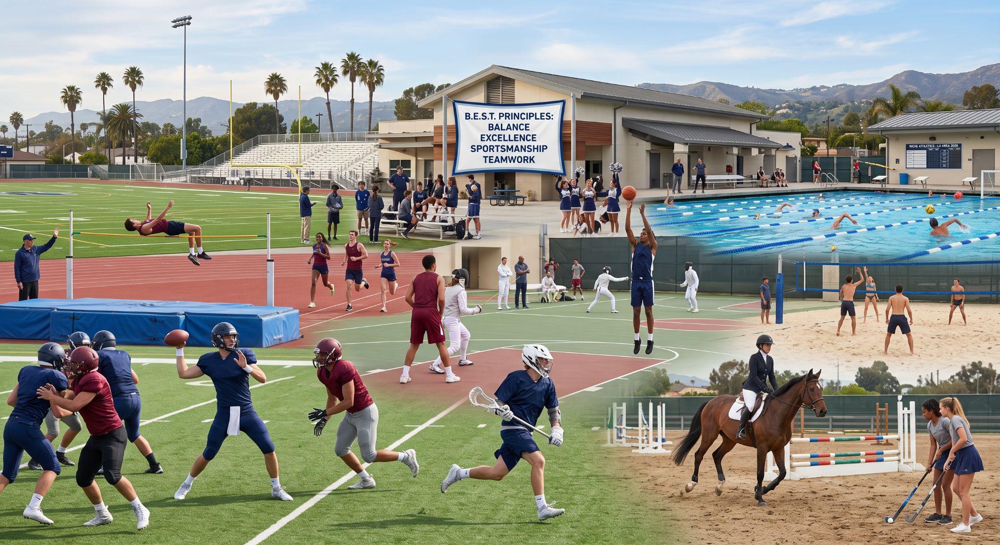 Collage of various sports activities at Harvard-Westlake School, including football, track and field, swimming, basketball, fencing, volleyball, and equestrian, with a banner displaying the school's B.E.S.T. principles: Balance, Excellence, Sportsmanship, and Teamwork.