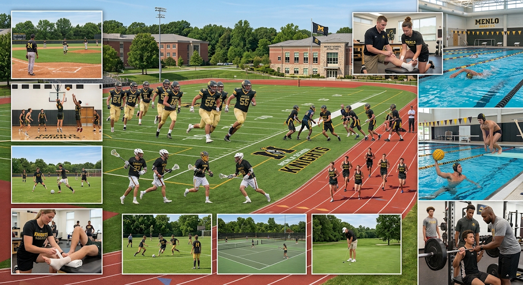 Collage showing various Menlo School sports teams and athletes in action, including baseball, basketball, soccer, football, swimming, and strength training.