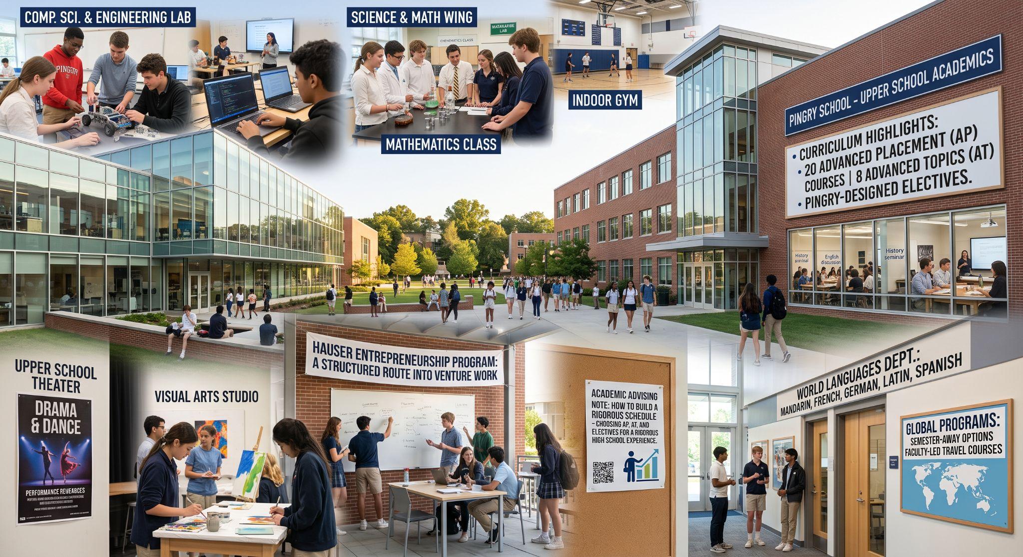 Photographic montage of Upper School academics at The Pingry School, featuring computer science labs, mathematics classes, visual arts studios, theater facilities, global programs, and campus architecture.