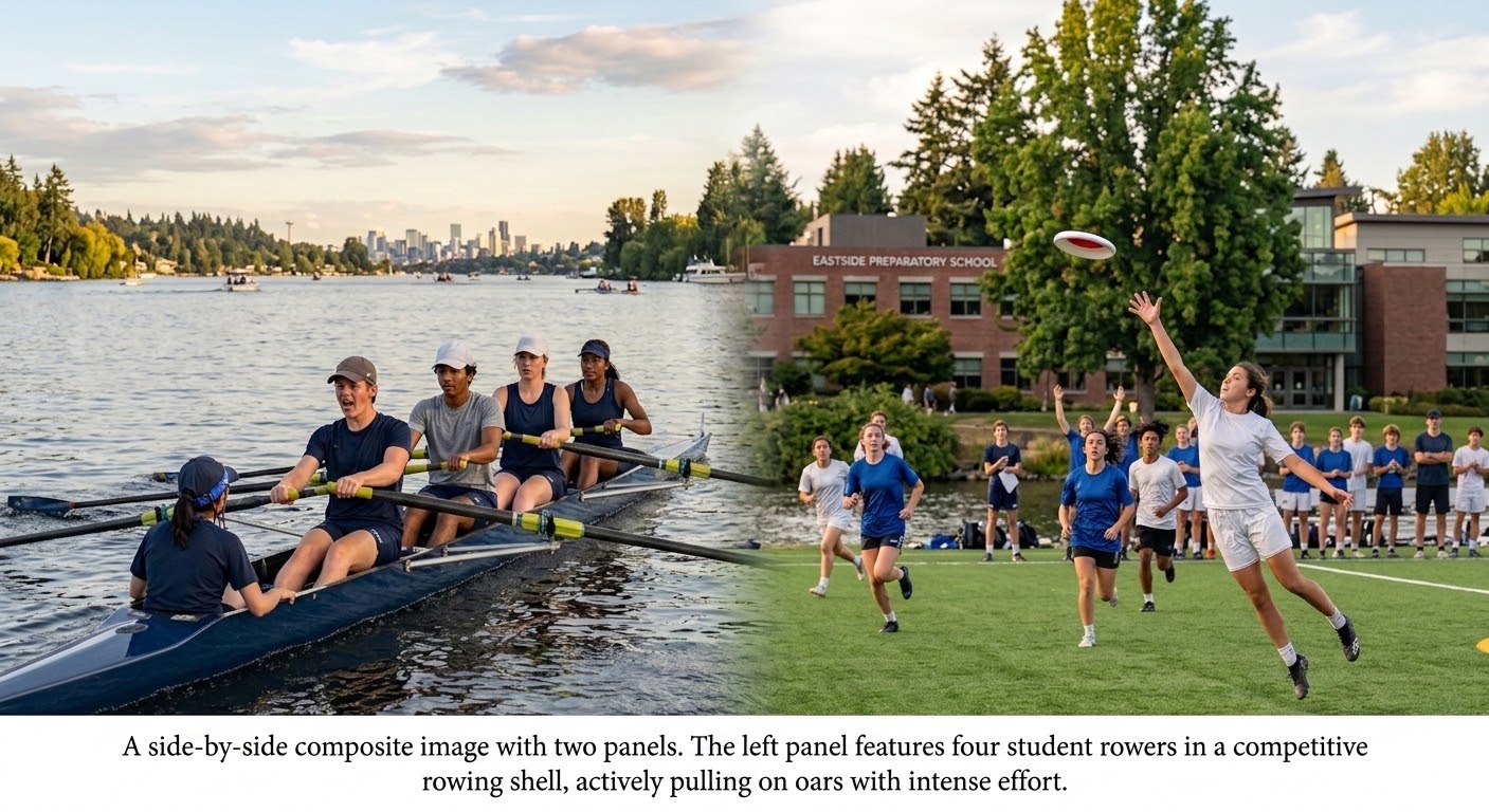 A side-by-side composite image: the left panel shows student rowers competing in a shell on the water with the Seattle skyline in the background; the right panel shows Eastside Preparatory School students playing Ultimate on the school's turf field with the campus building visible.