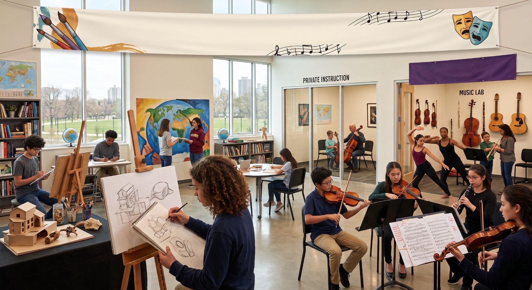 Students participating in diverse arts programs, including visual arts sketching, music instruction with string instruments, and dance.