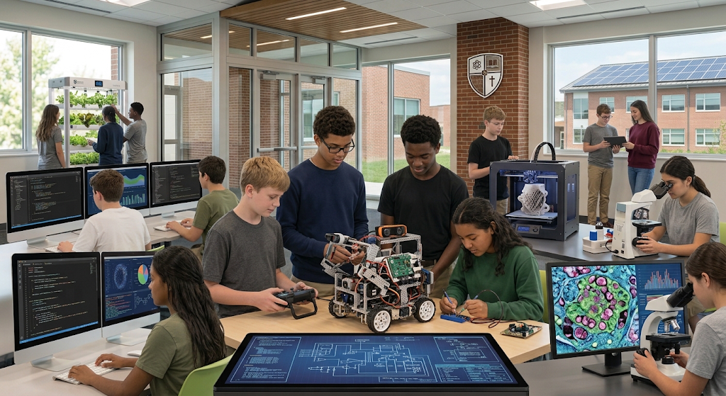 Students in a modern Sacred Heart Schools, Atherton classroom engaging in various STEM activities, including robotics, 3D printing, computer programming, microscopy, and hydroponics gardening.