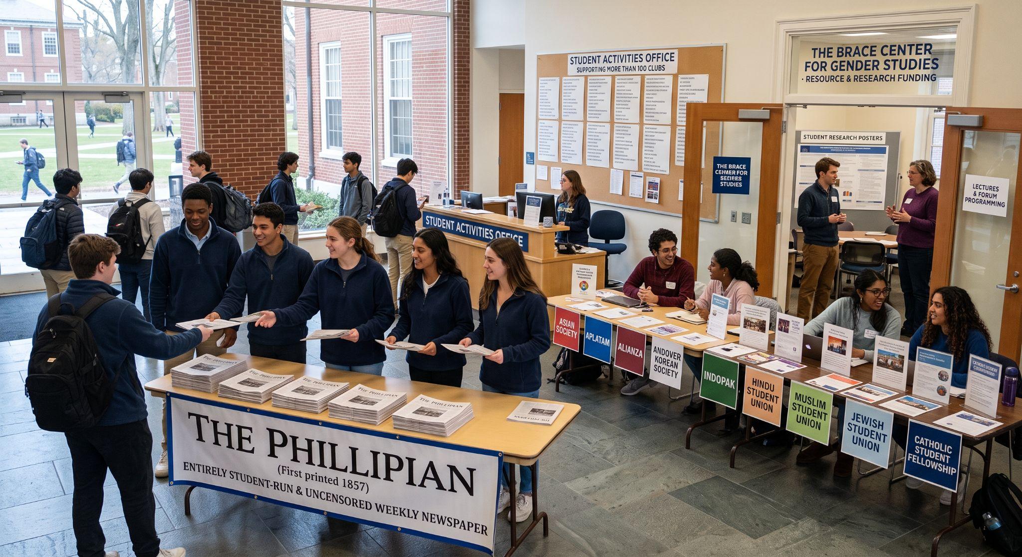 Students at Phillips Academy Andover visiting club information tables, including The Phillipian newspaper and various student affinity organizations in a bustling campus hall.