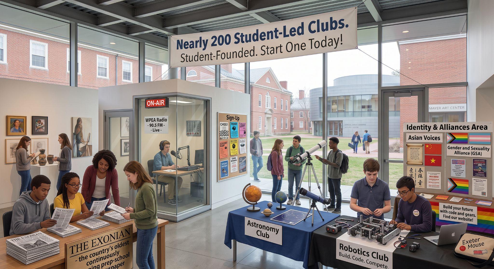 Students engaging in various extracurricular clubs, including WPEA radio, the Astronomy Club, and the Robotics Club, in a bright, modern campus building.