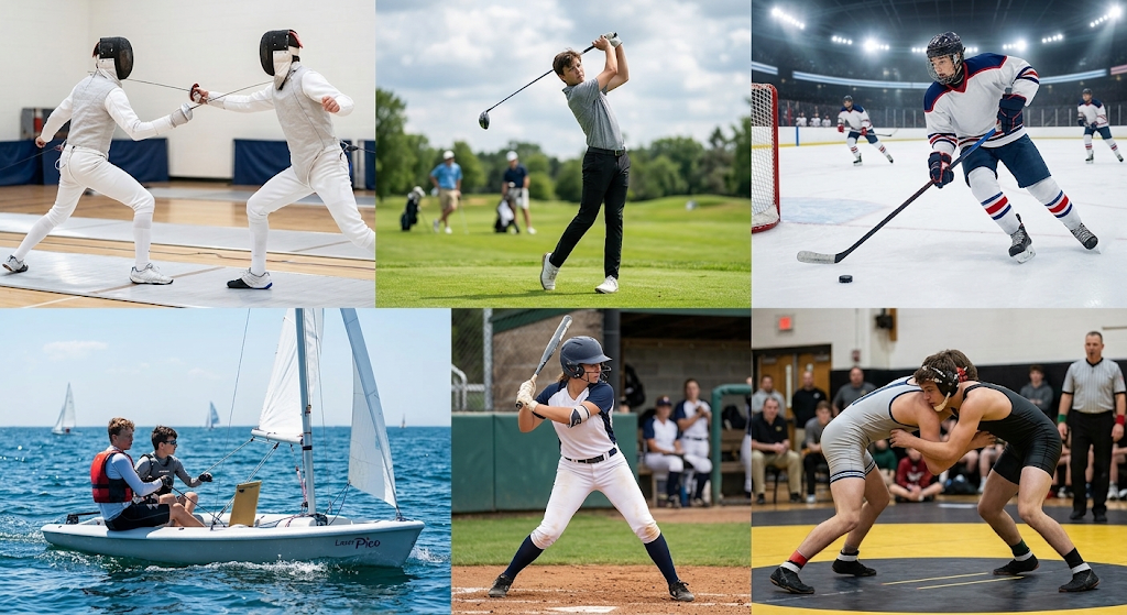 A collage of student-athletes participating in various sports offered at Rye Country Day School, including fencing, golf, ice hockey, sailing, softball, and wrestling.