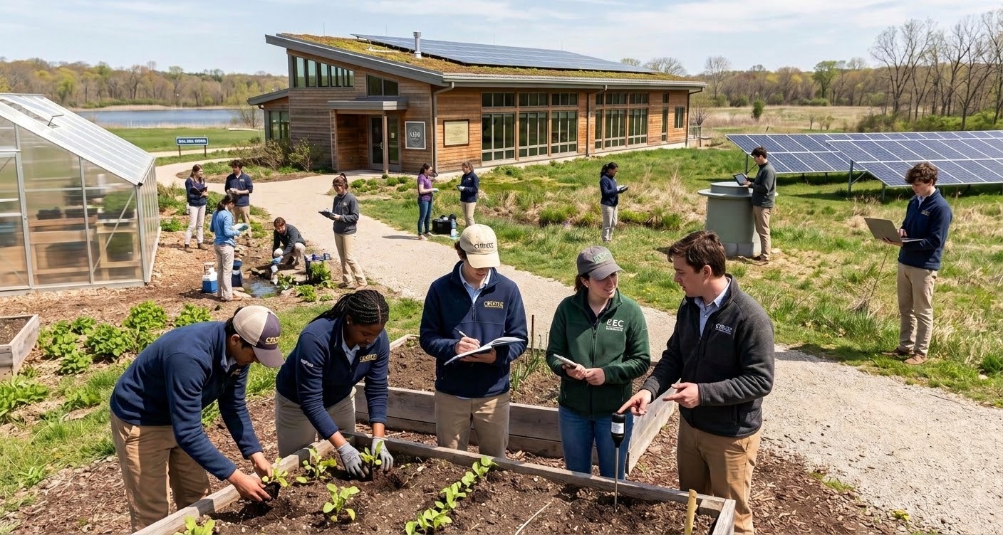 Students working in the garden at the Kohler Environmental Center.
