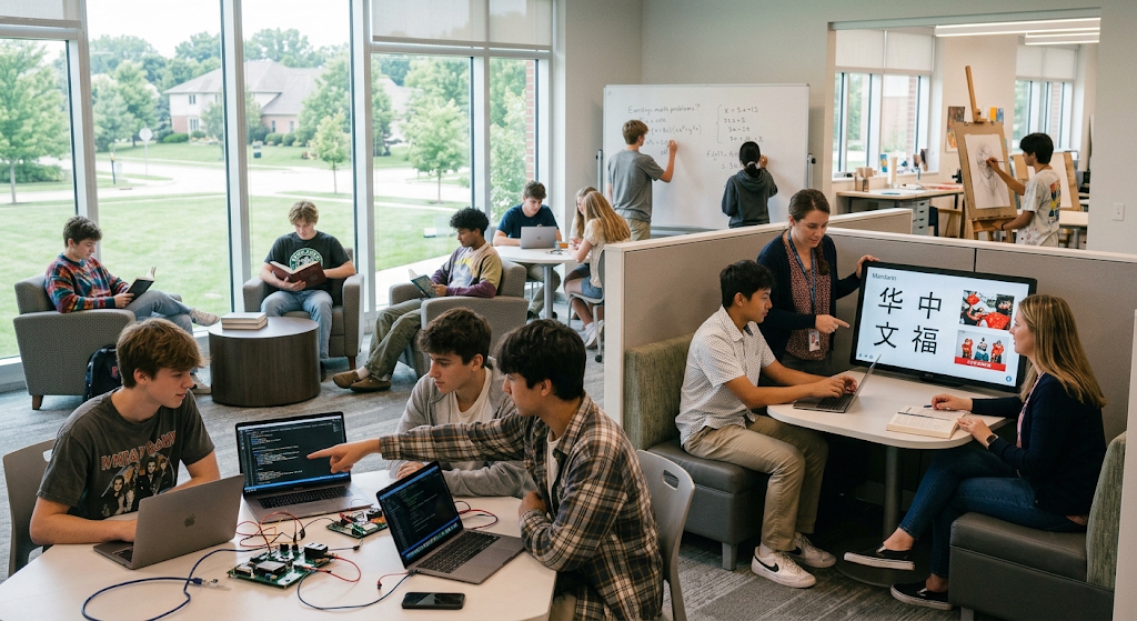 Students working in a modern classroom setting with laptops, whiteboards, and a display screen.