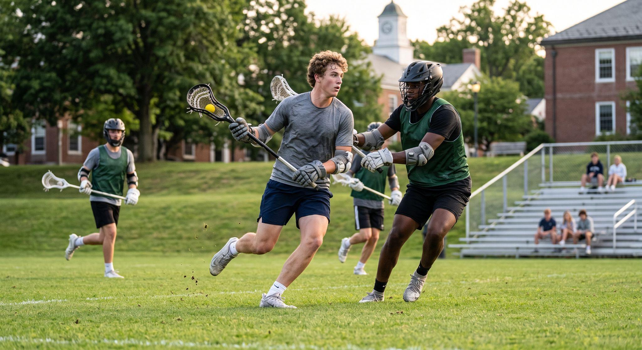 Two lacrosse players competing for the ball on a field with campus buildings in the background.