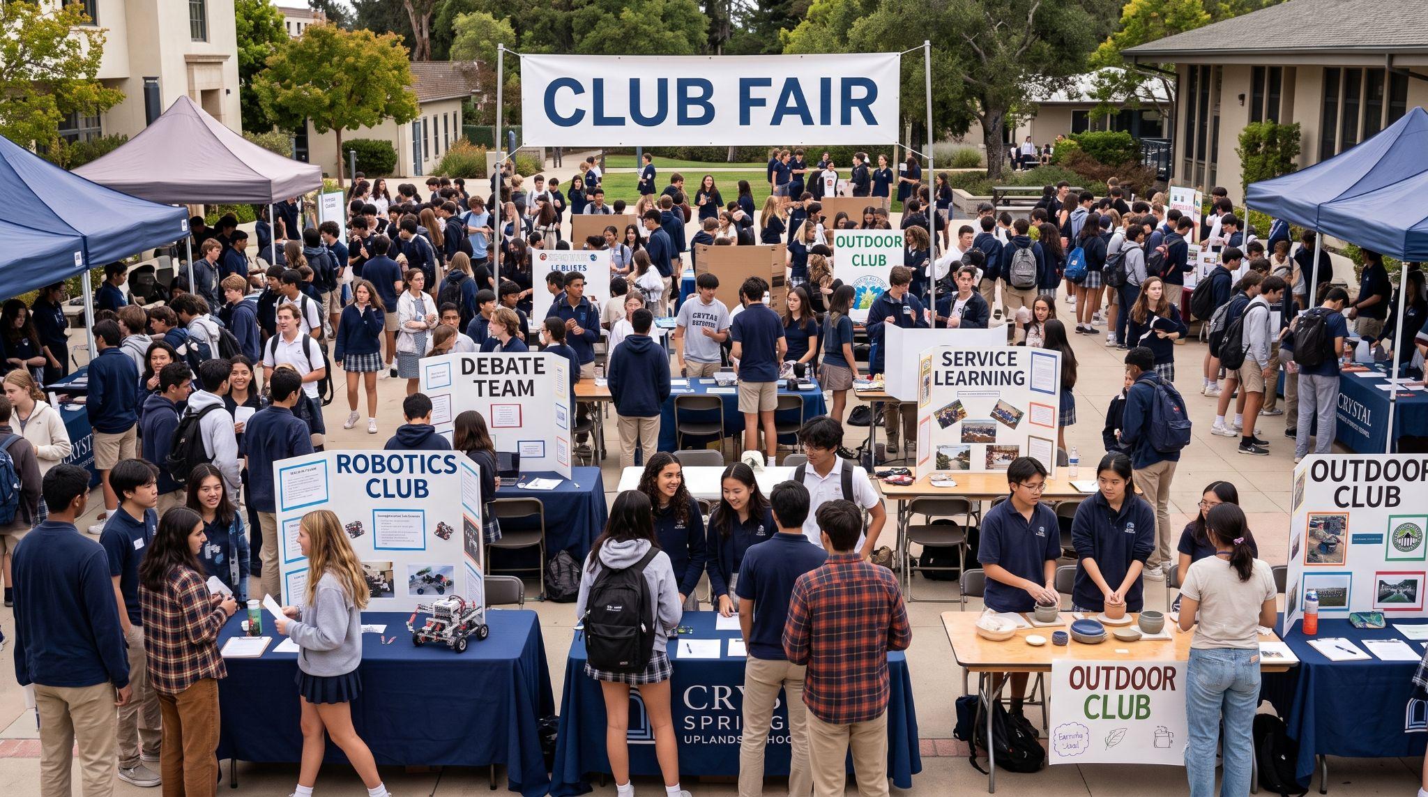 Students browsing booths at the annual Club Fair on campus, with signs visible for the Debate Team, Robotics Club, Service Learning, and Outdoor Club.
