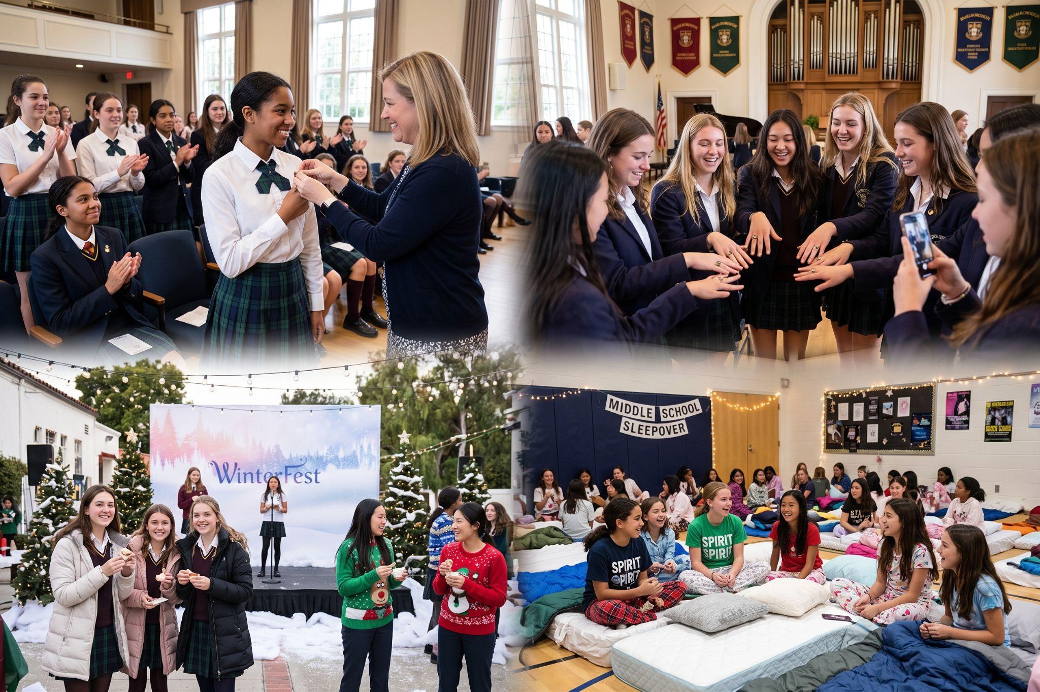 Collage of Marlborough School student traditions featuring students receiving pins during the Pin Ceremony, showing off class rings at the Ring Ceremony, celebrating together at Winter Fest, and gathering during the Middle School Sleepover.