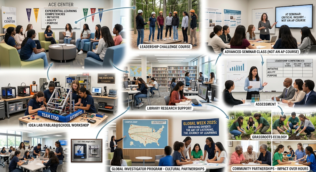 An annotated infographic visualizing a student-driven, competence-based high school program that blends diverse classroom, workshop, and community learning experiences with non-traditional assessments.