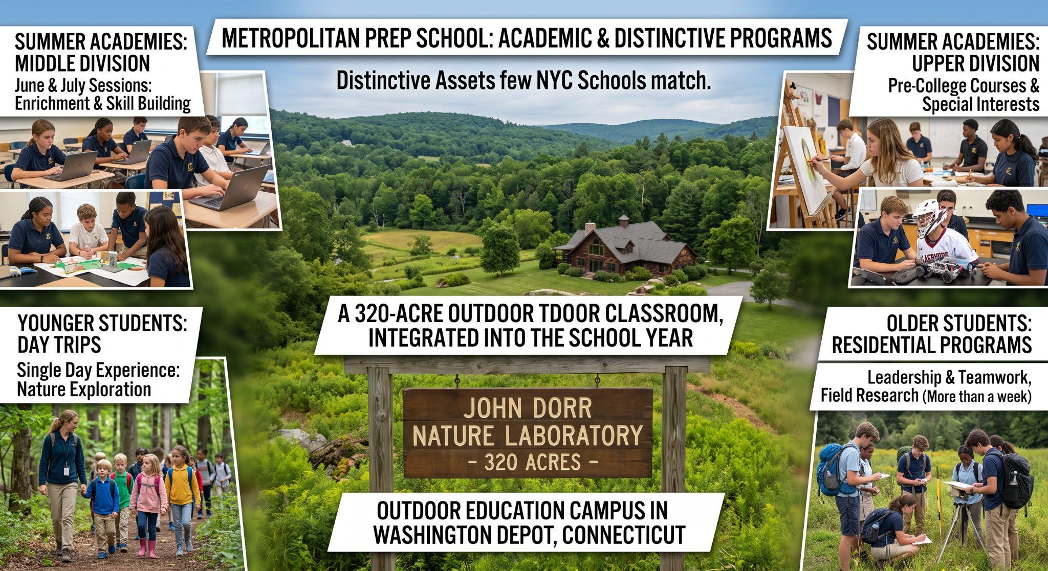 An infographic panel illustrating the John Dorr Nature Laboratory, Horace Mann's 320-acre outdoor education campus in Connecticut, showing how student visits progress from single-day trips in younger grades to week-long stays in older grades.