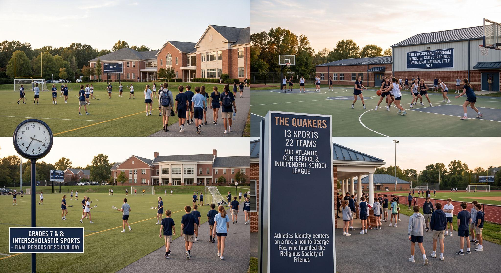Collage showing Sidwell Friends athletic fields, students playing sports, basketball courts, and an informational sign about Quakers athletics.