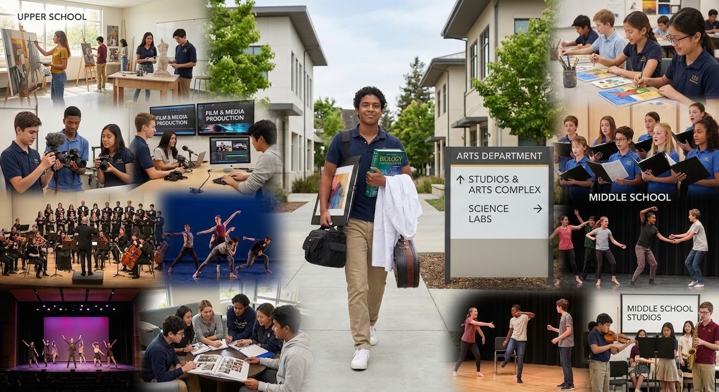 Collage featuring Menlo School students participating in various arts programs, including visual arts, film and media production, dance, theater, and music performance.