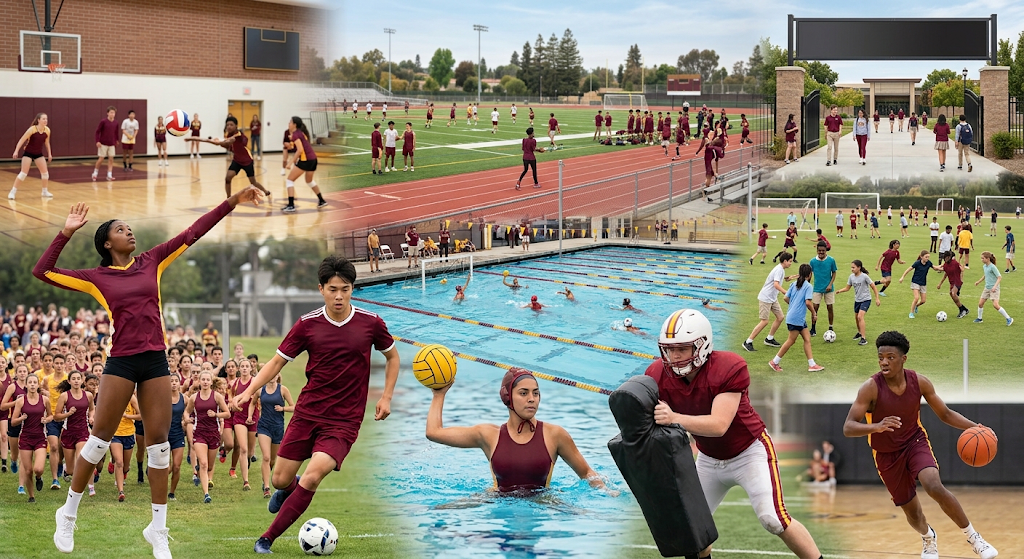 Collage of students participating in various sports at Sacred Heart Schools, Atherton, including volleyball, soccer, water polo, football training, and basketball.
