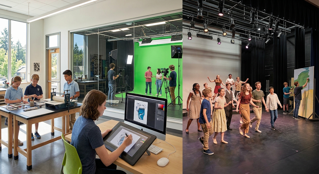 A two-panel composite image showing student artists at Eastside Prep. The left panel shows students working in a modern art studio with digital illustration tools, printmaking equipment, and a green screen media production room. The right panel shows students rehearsing on stage under theatre lighting.