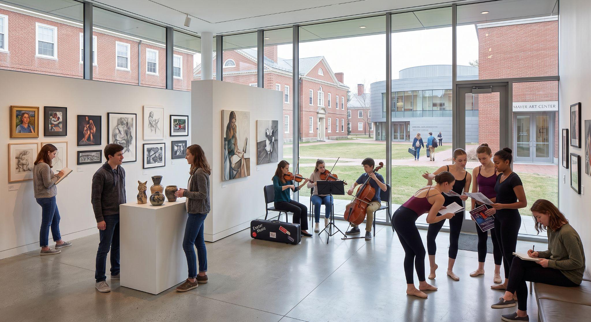 Phillips Exeter Academy students engaging in visual arts, music, and dance at the Mayer Art Center.