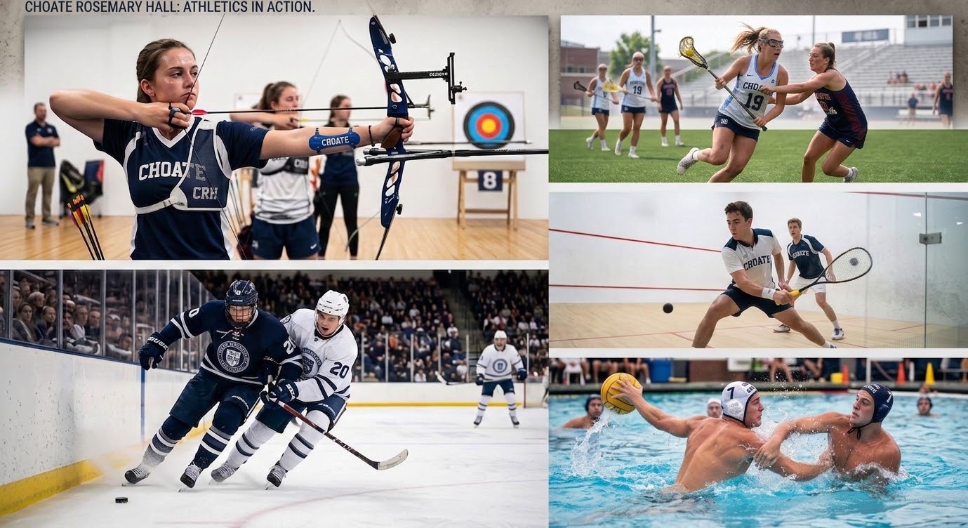 Collage of Choate Rosemary Hall students participating in archery, lacrosse, ice hockey, squash, and water polo matches.