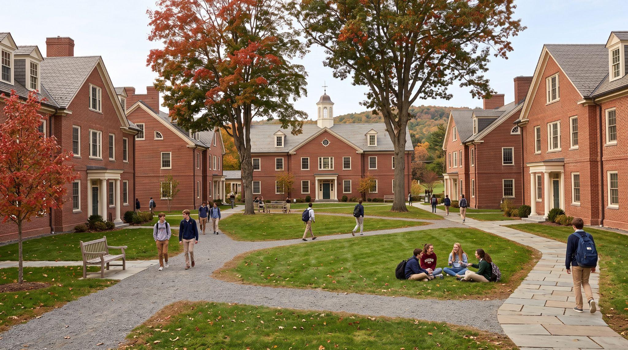 Students walking and gathering on the lawn of a residential quad lined with brick dormitories in autumn.