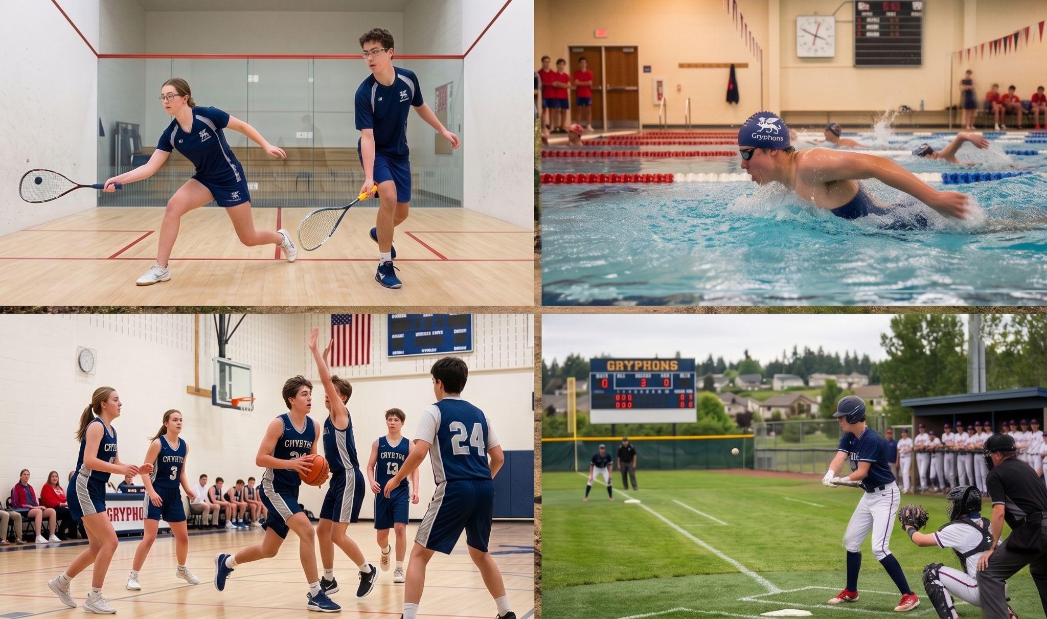 Photo collage showing Crystal Springs Uplands Gryphon athletics, including squash players in action, a swimmer diving into the pool, a basketball game, and a baseball batter facing a pitch.