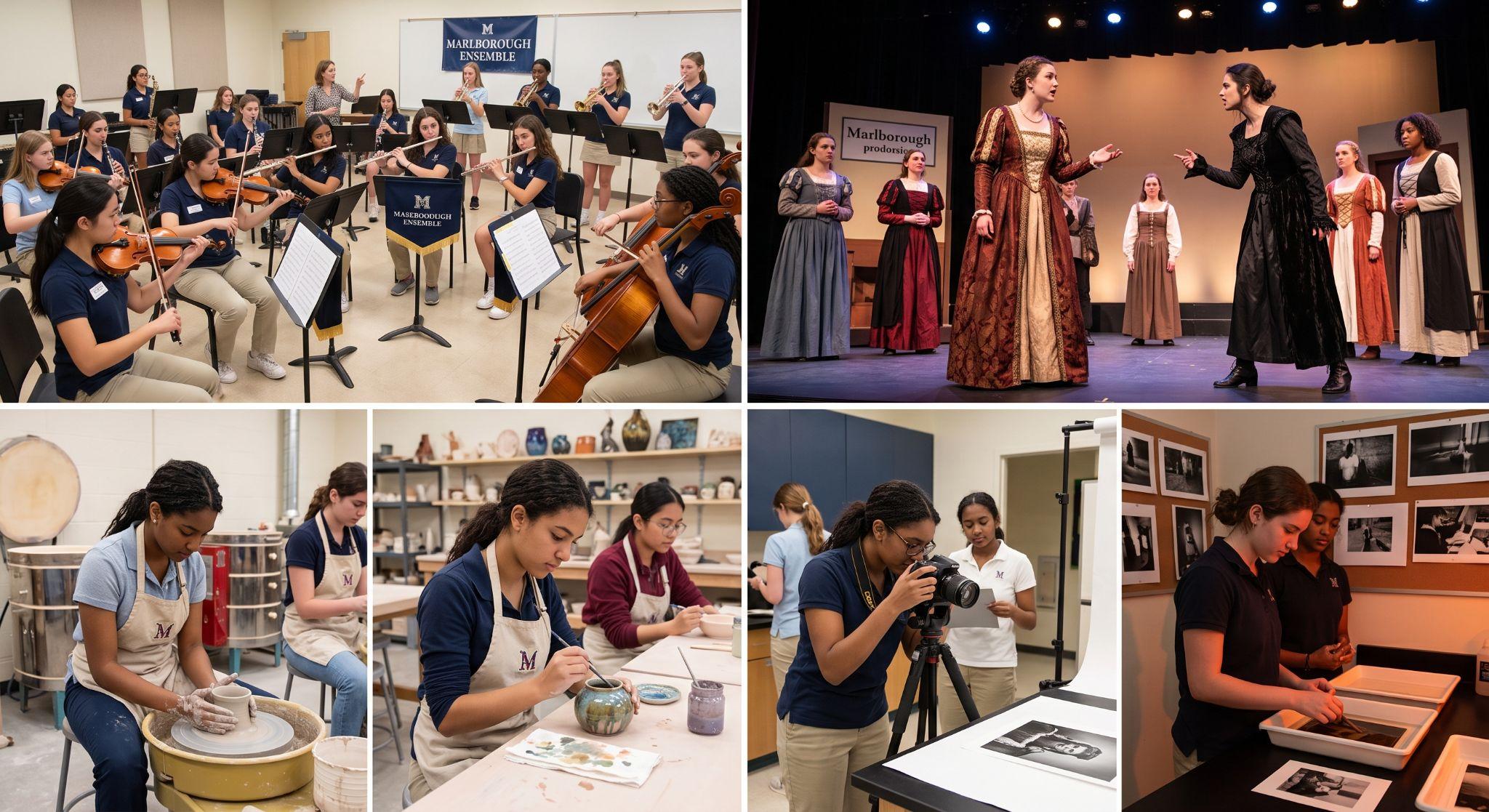 Collage of Marlborough School student arts programs featuring the Marlborough Ensemble performing, a theater production on stage, students working in the ceramics studio, and photography students taking portraits and developing film.