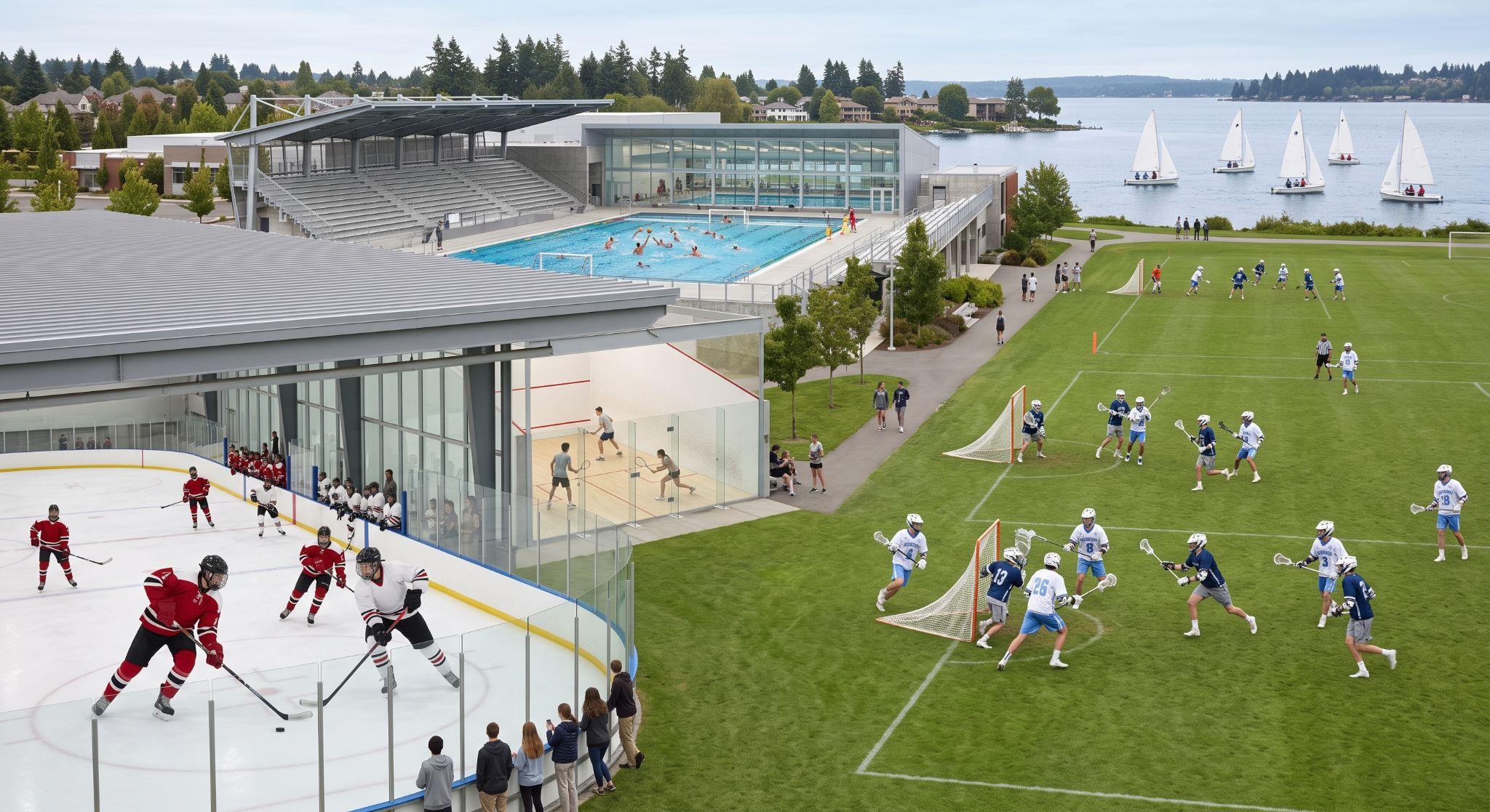 Athletic facilities at The Pingry School, featuring an ice rink, squash courts, swimming pool, and field sports.