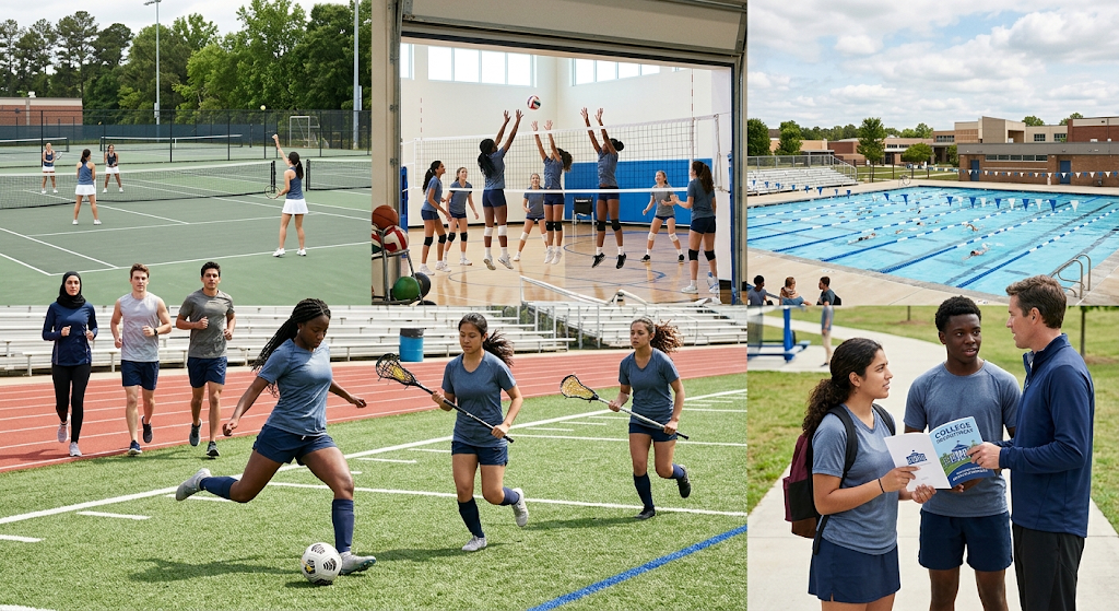A five-panel collage of photographs showcasing student athletes in diverse sports—tennis, volleyball, swimming, running, soccer, and lacrosse—on a modern school campus. The final image shows a student and coach discussing college recruitment.