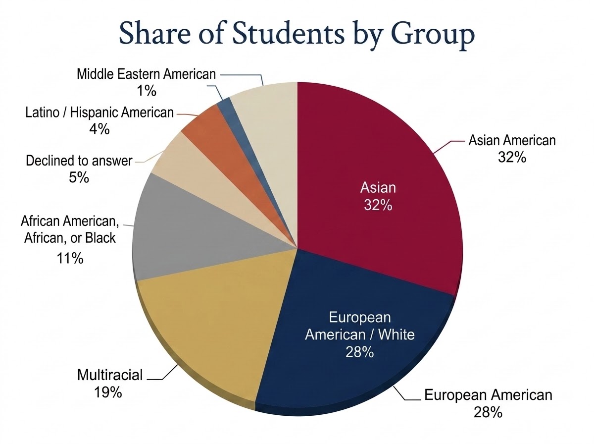 Pie chart titled Share of Students by Group showing Lakeside School's self-reported demographics: Asian American 32%, European American/White 28%, Multiracial 19%, African American/African/Black 11%, Declined to answer 5%, Latino/Hispanic American 4%, Middle Eastern American 1%.