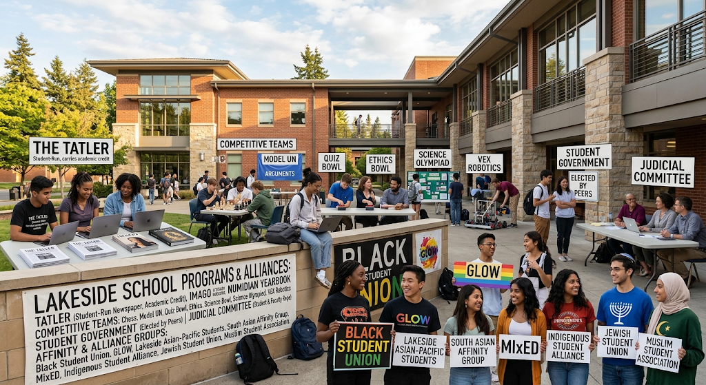 A diverse group of Lakeside School students holding signs for various student-run organizations, competitive teams, and affinity groups on the school campus.