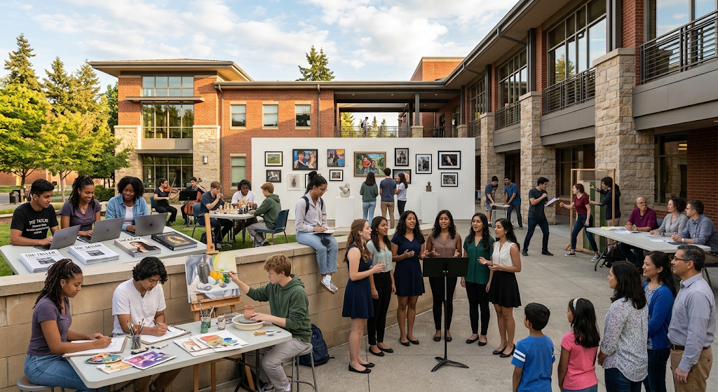 Lakeside School students participating in various campus activities, including art, music, and socializing in an outdoor courtyard.